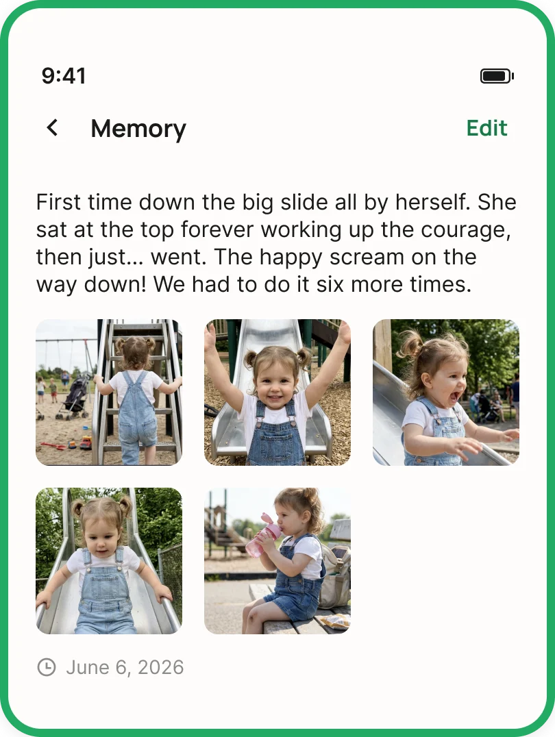 A moment saved in Nestory: first time down the big slide